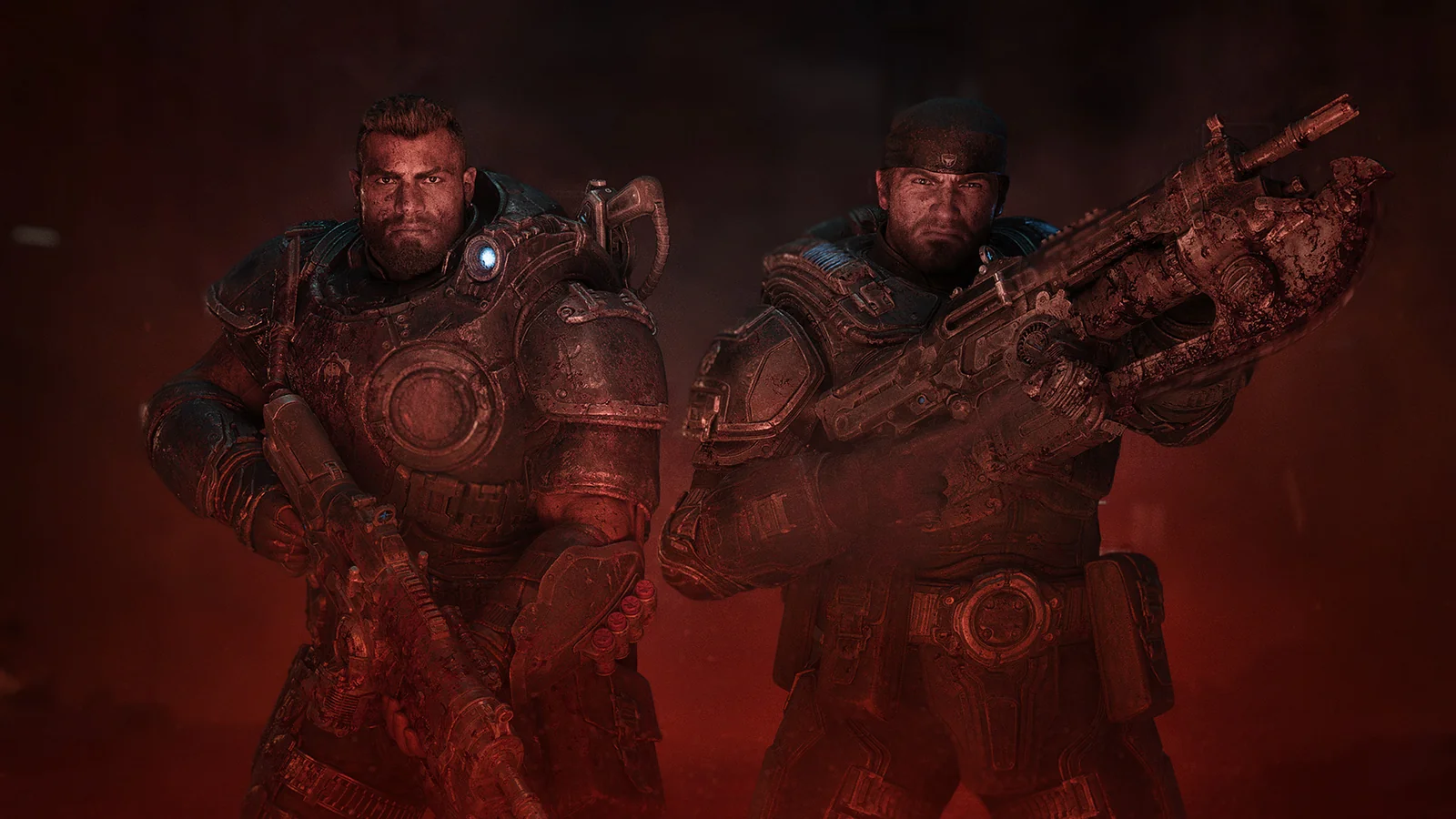 Marcus Fenix and Dominic Santiago stand with Gnasher shotguns in red light.