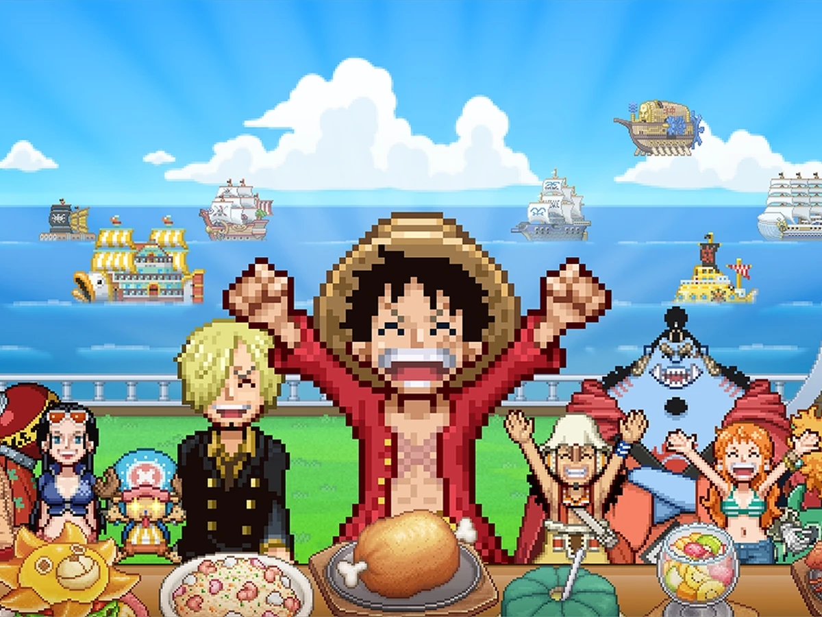 Luffy raises his arms behind a table of food with Sanji and the Straw Hat Crew on a ship.