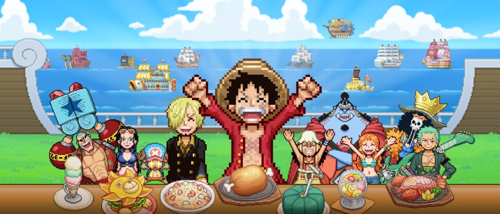 Luffy raises his arms behind a table of food with Sanji and the Straw Hat Crew on a ship.