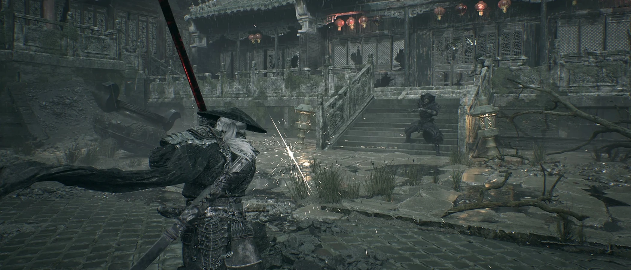 Soul raises a sword as sparks fly during a fight in a ruined courtyard.