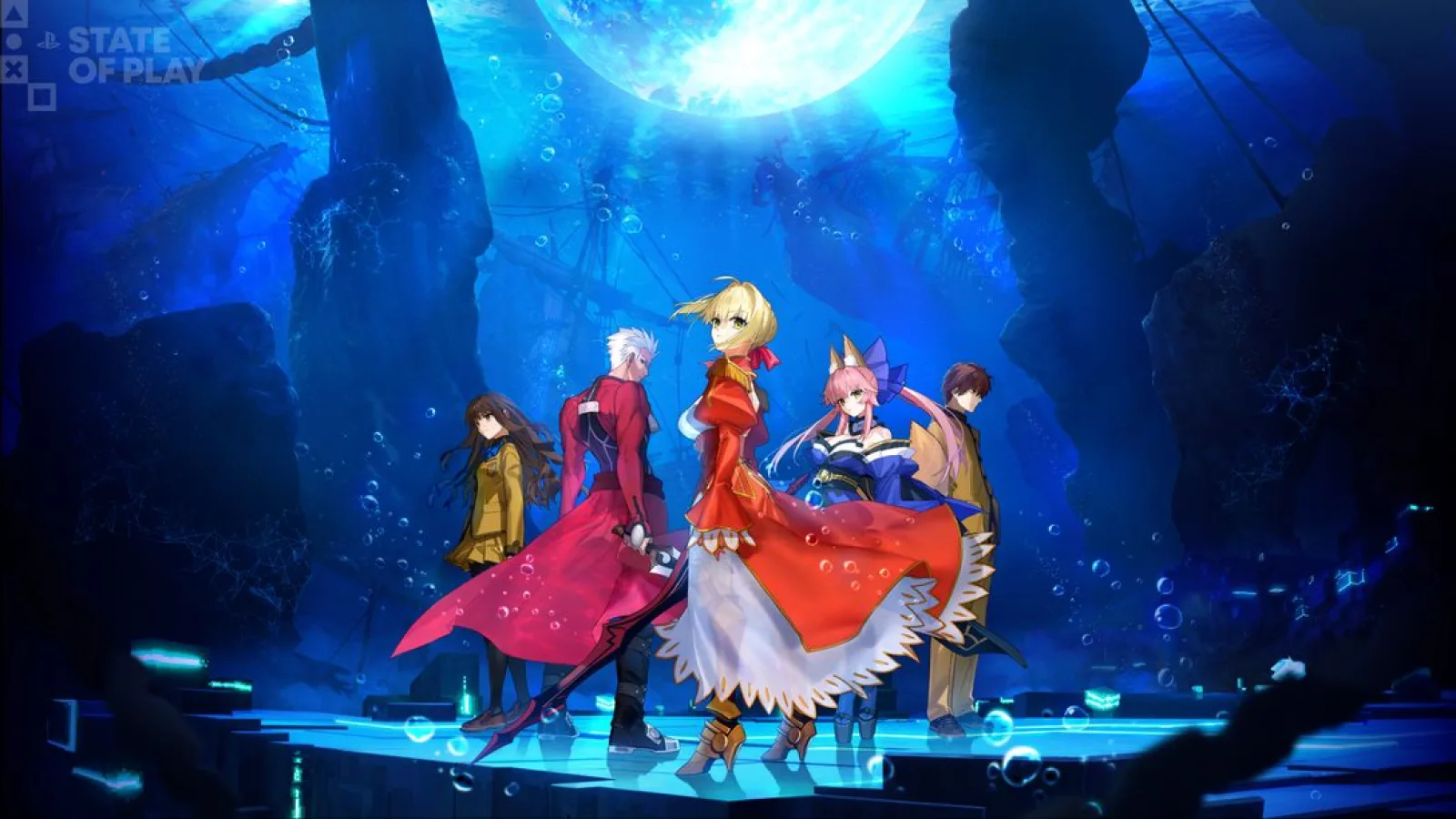 Fate/Extra Record artwork showing characters from the Moon Holy Grail War.