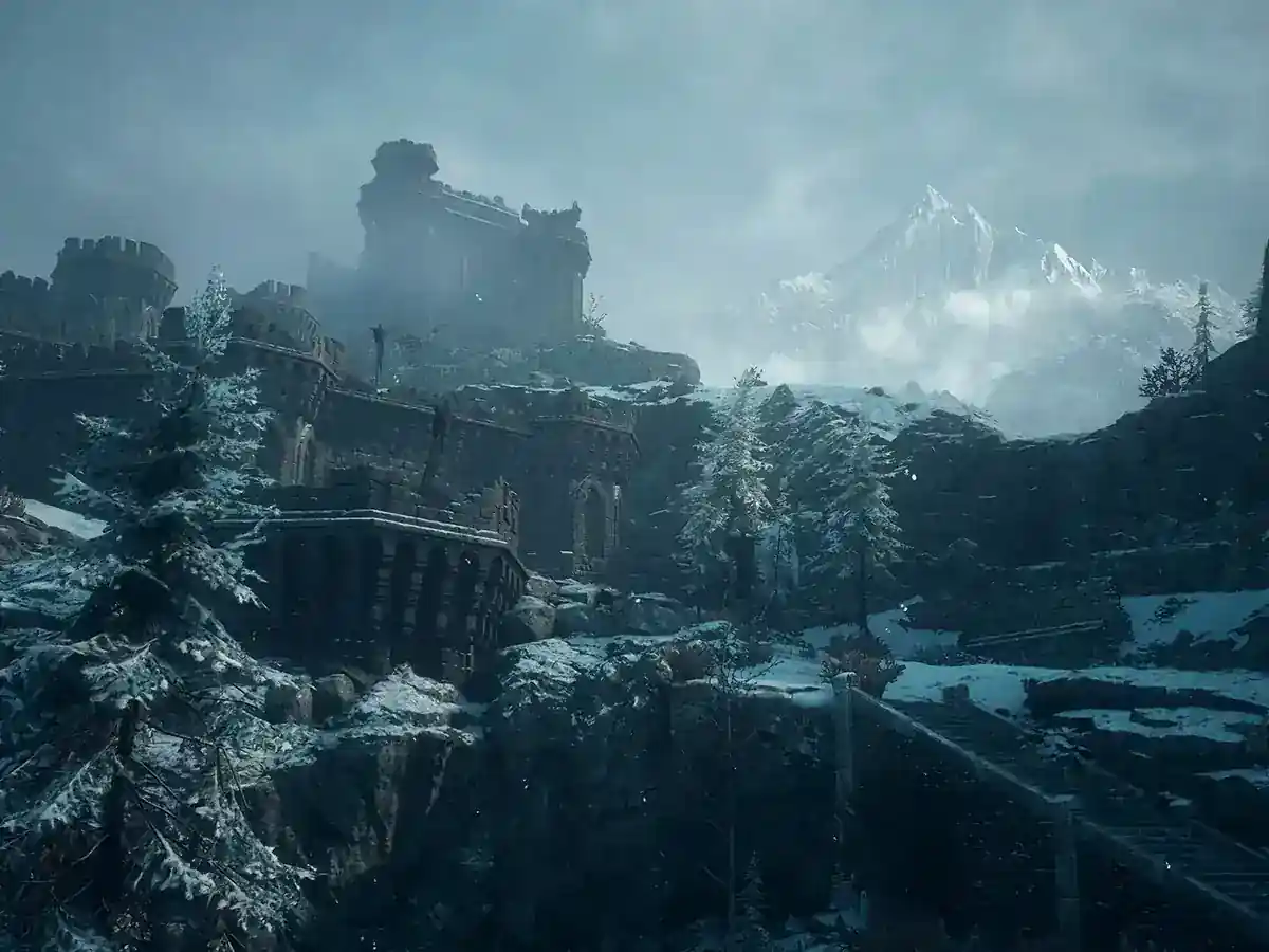 An armoured figure looks across a ruined, snow-covered landscape.