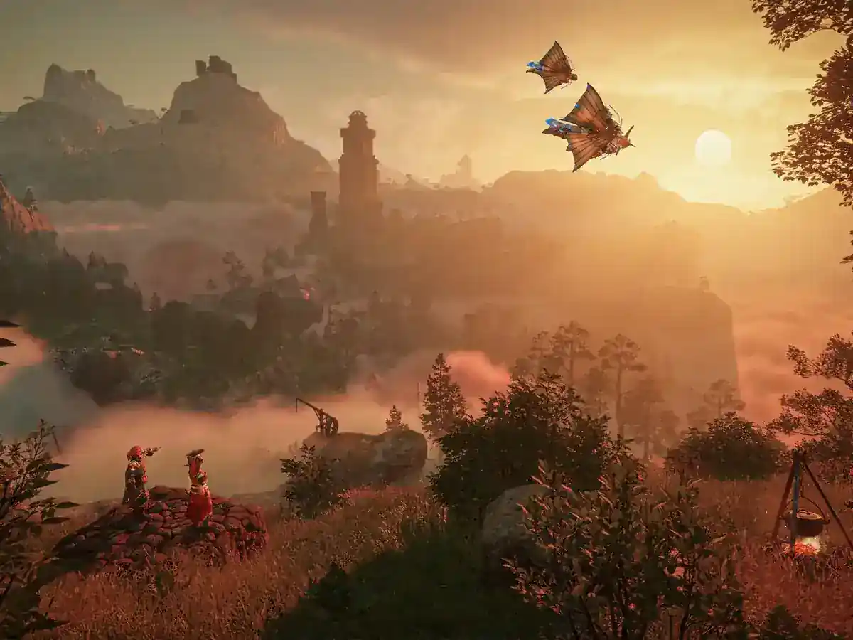 Two adventurers overlook a misty forest and distant ruins at sunset.