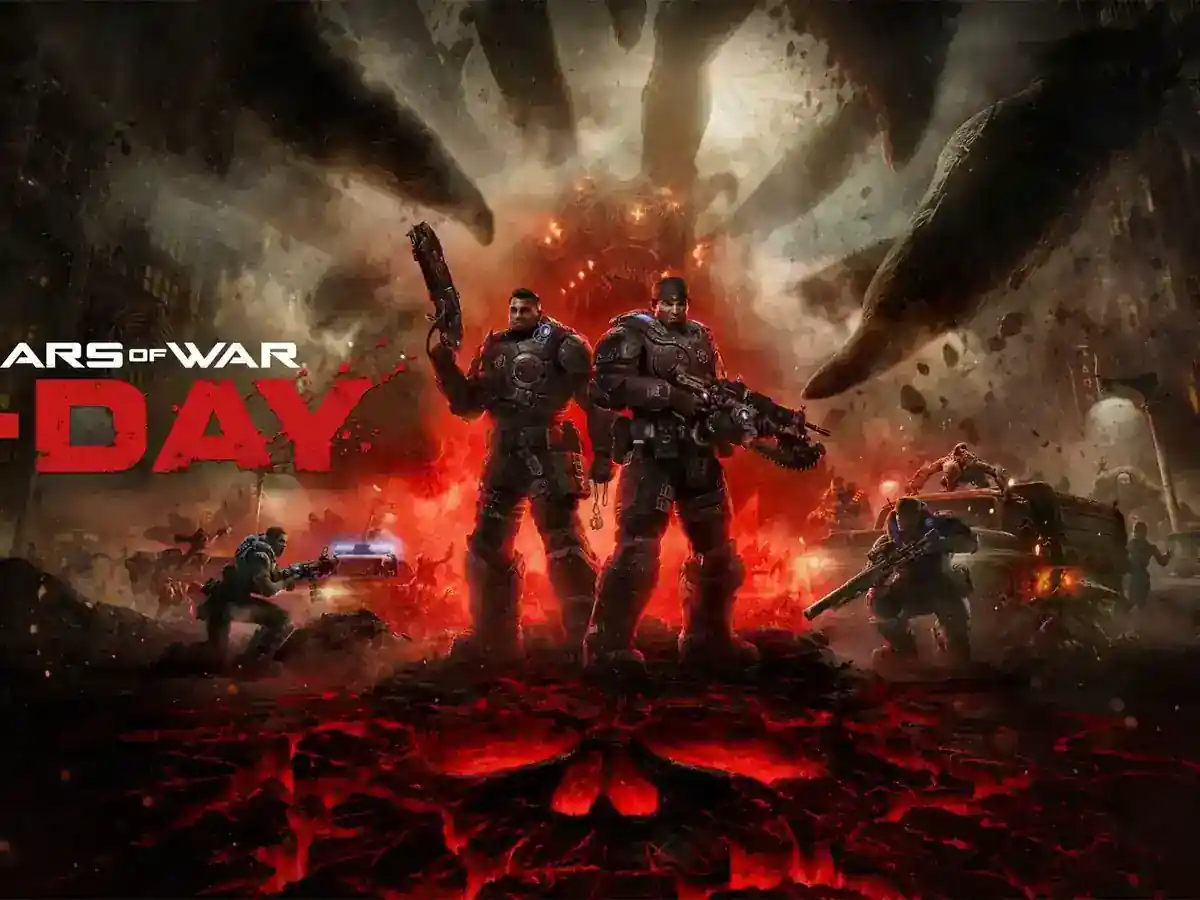 Marcus and Dom stand amid fire and Locust creatures in Gears of War: E-Day artwork.