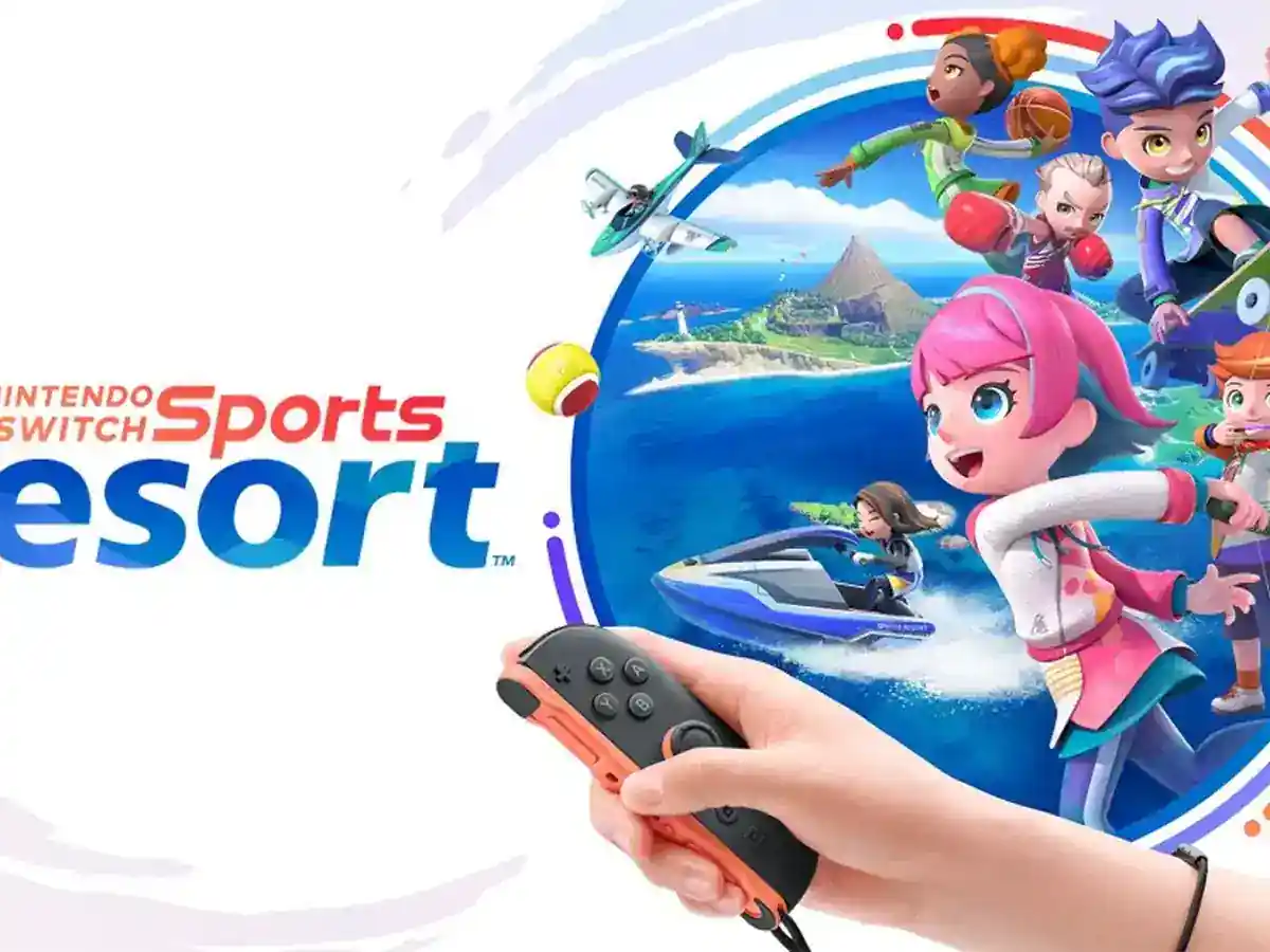 Colourful athletes and sports equipment surround the Switch Sports Resort logo.