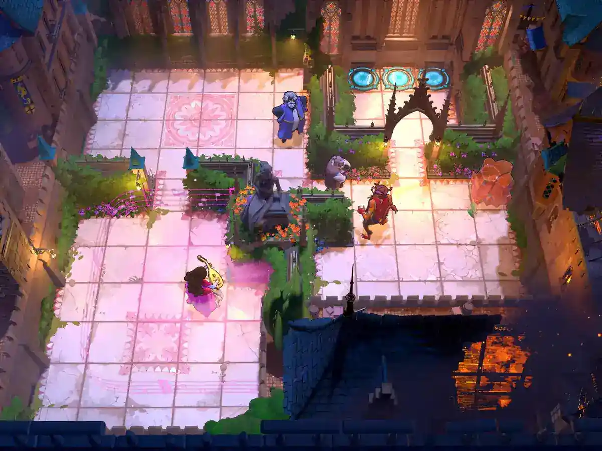 Small figures stand on glowing tiled paths inside a colourful puzzle world.