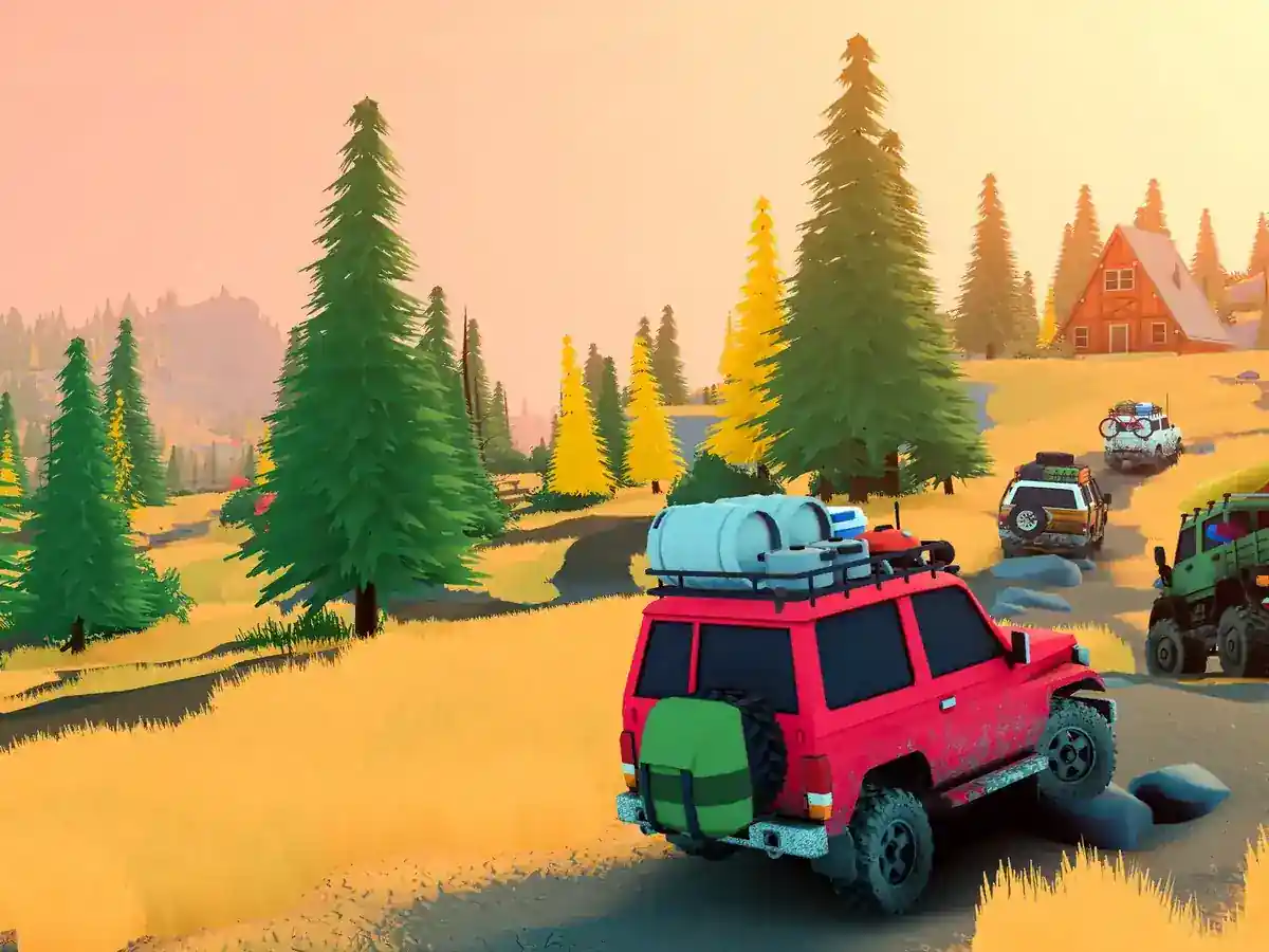 Off-road vehicles travel a sandy track through pines toward mountain cabins.