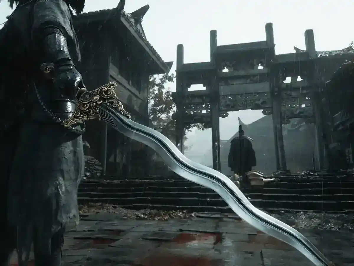 A swordsman faces a distant figure beneath a ruined gateway.