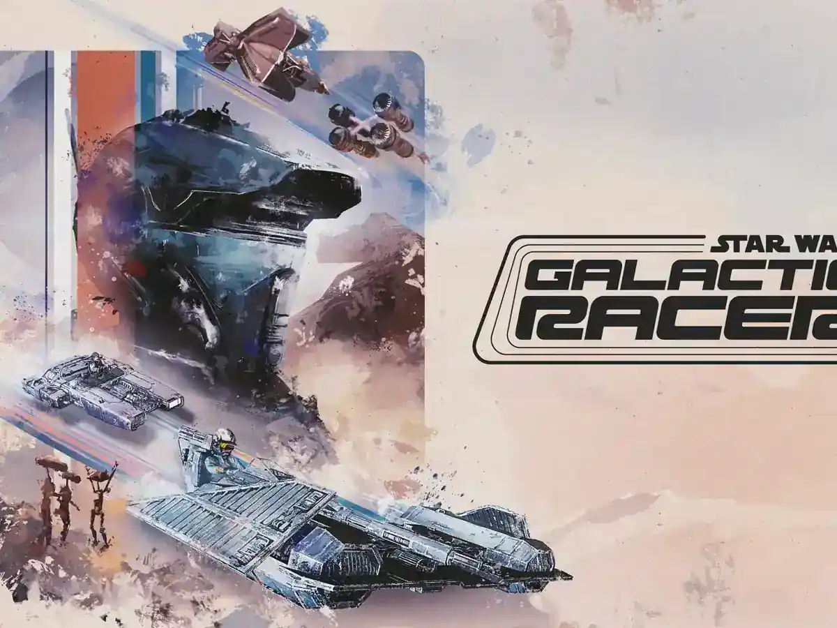 Star Wars racers speed past a spacecraft in illustrated Galactic Racer artwork.