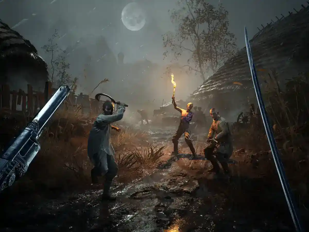 A first-person fighter faces torch-bearing enemies on a dark forest path.