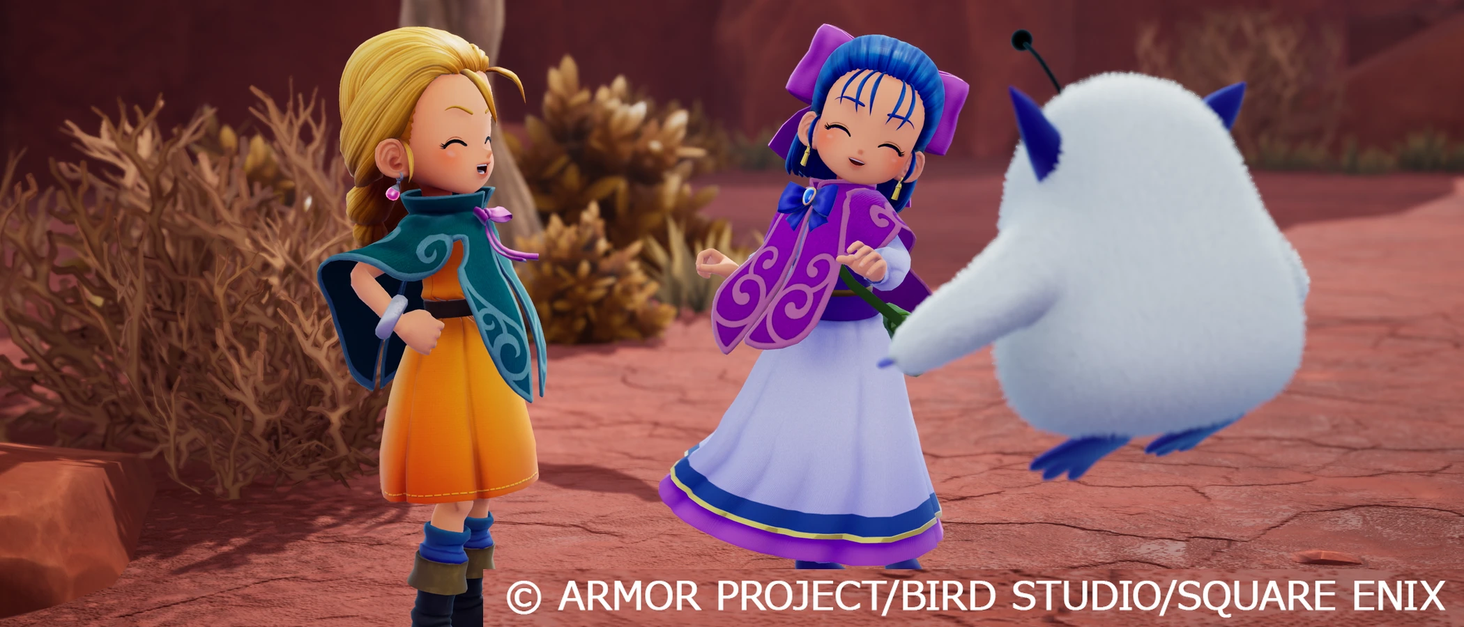 Bianca and Nera smile beside the floating white creature Fluffy in a rocky landscape