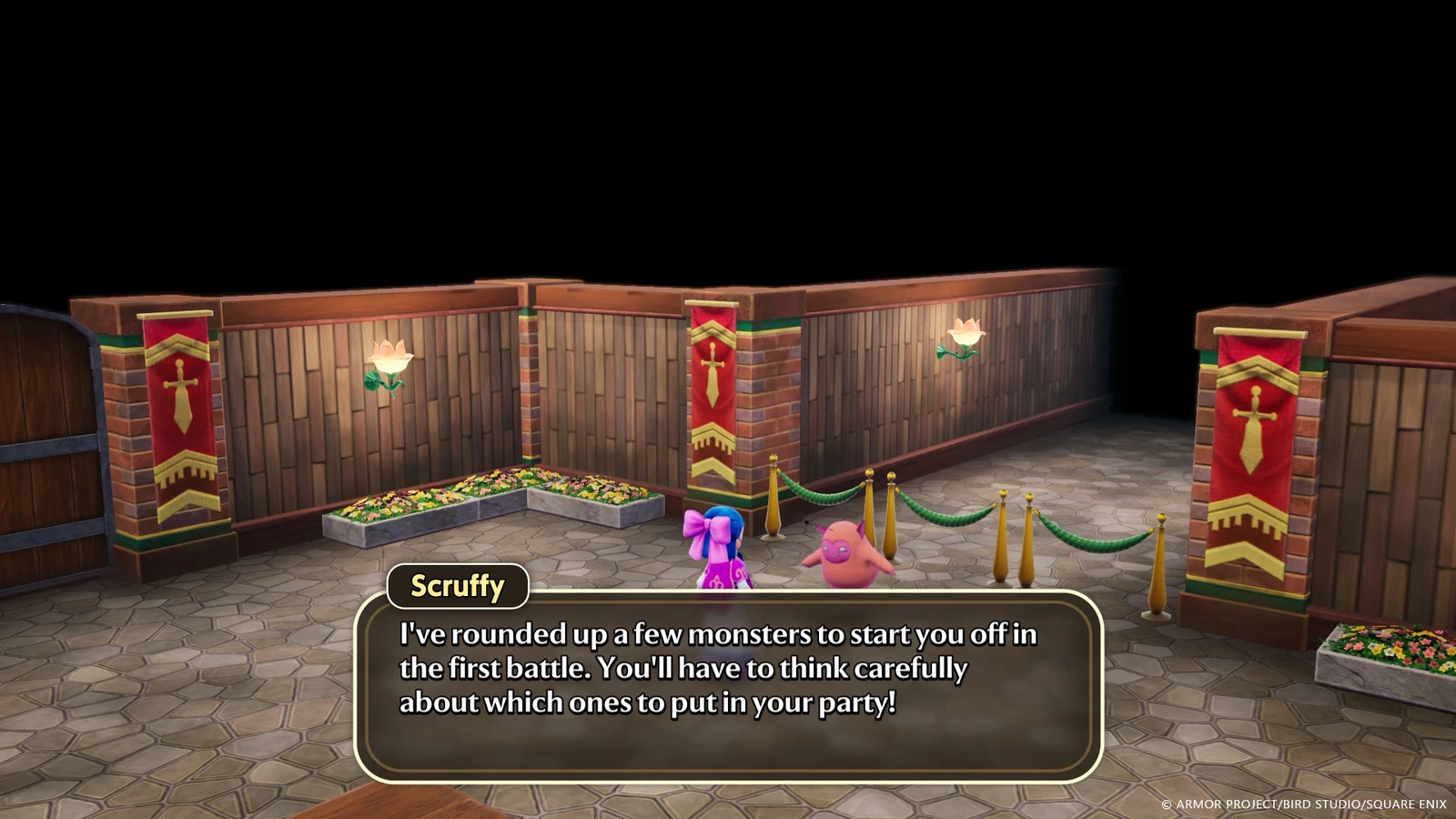 Scruffy offers a fresh selection of monsters in a stone-floored arena room