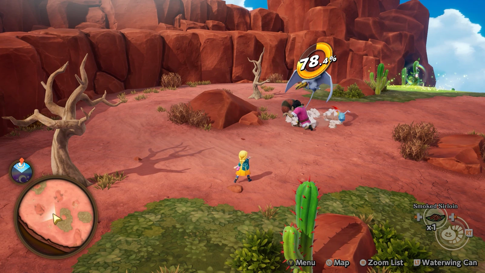 Bianca and her monsters attempt to recruit a flying creature in a red-rock landscape