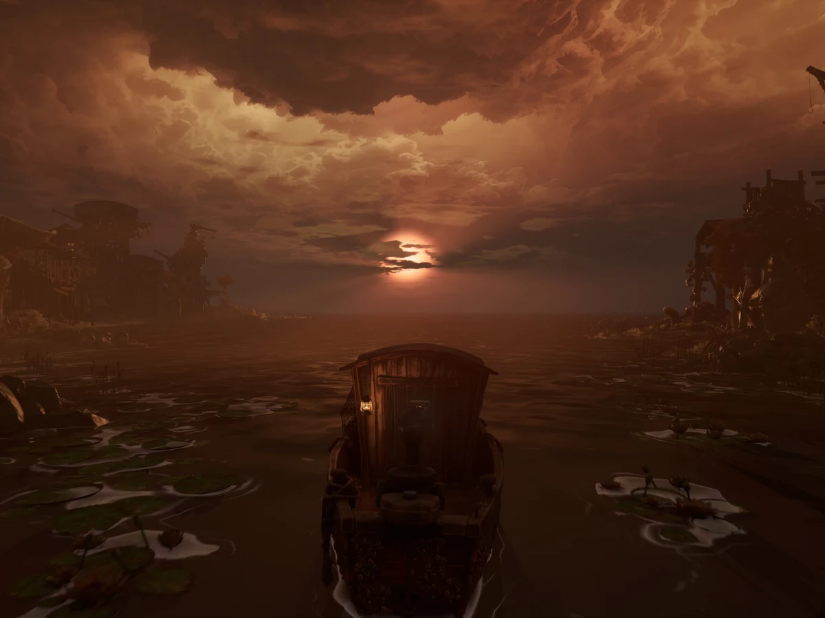 A small trawler crosses dark water beneath an orange sunset in DREADMOOR