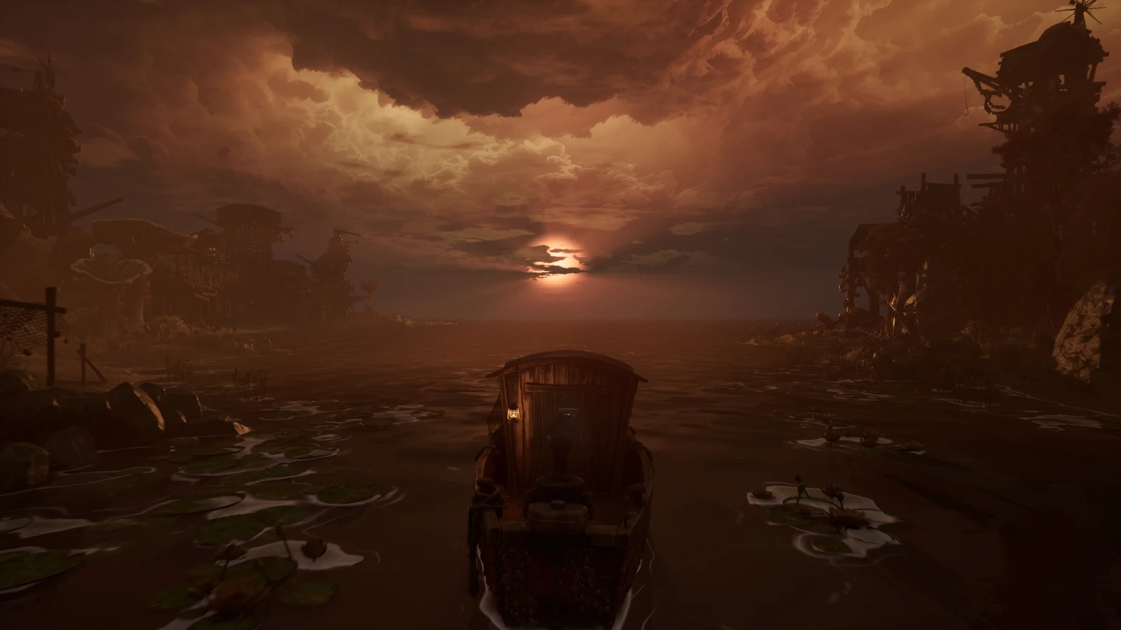 A small trawler crosses dark water beneath an orange sunset in DREADMOOR