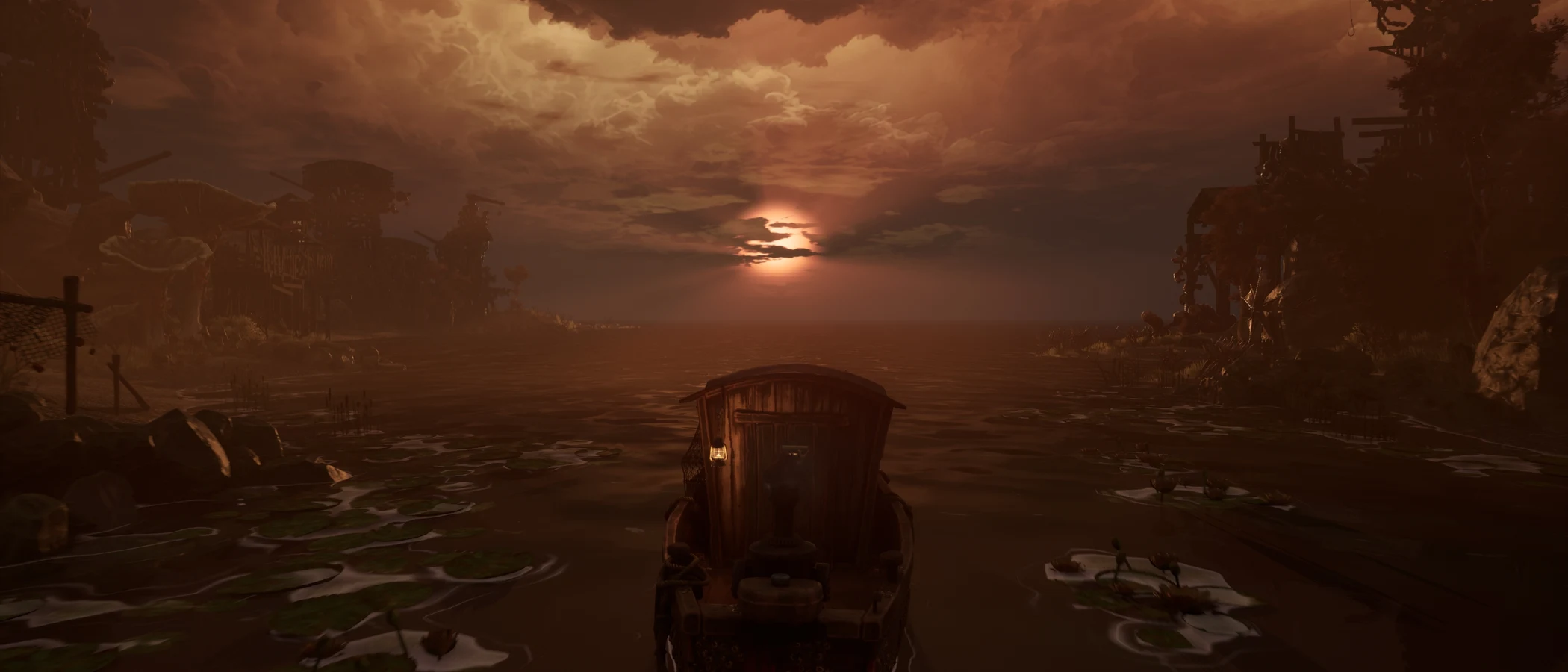 A small trawler crosses dark water beneath an orange sunset in DREADMOOR