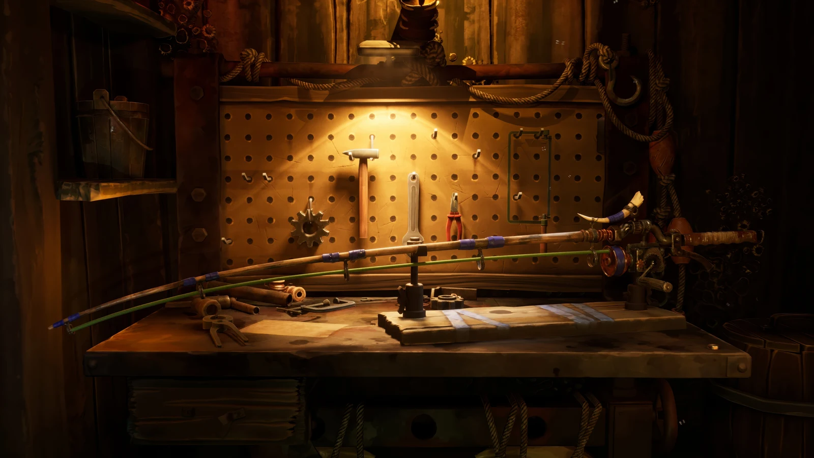 Fishing equipment rests on a lit wooden workbench beneath a pegboard in DREADMOOR