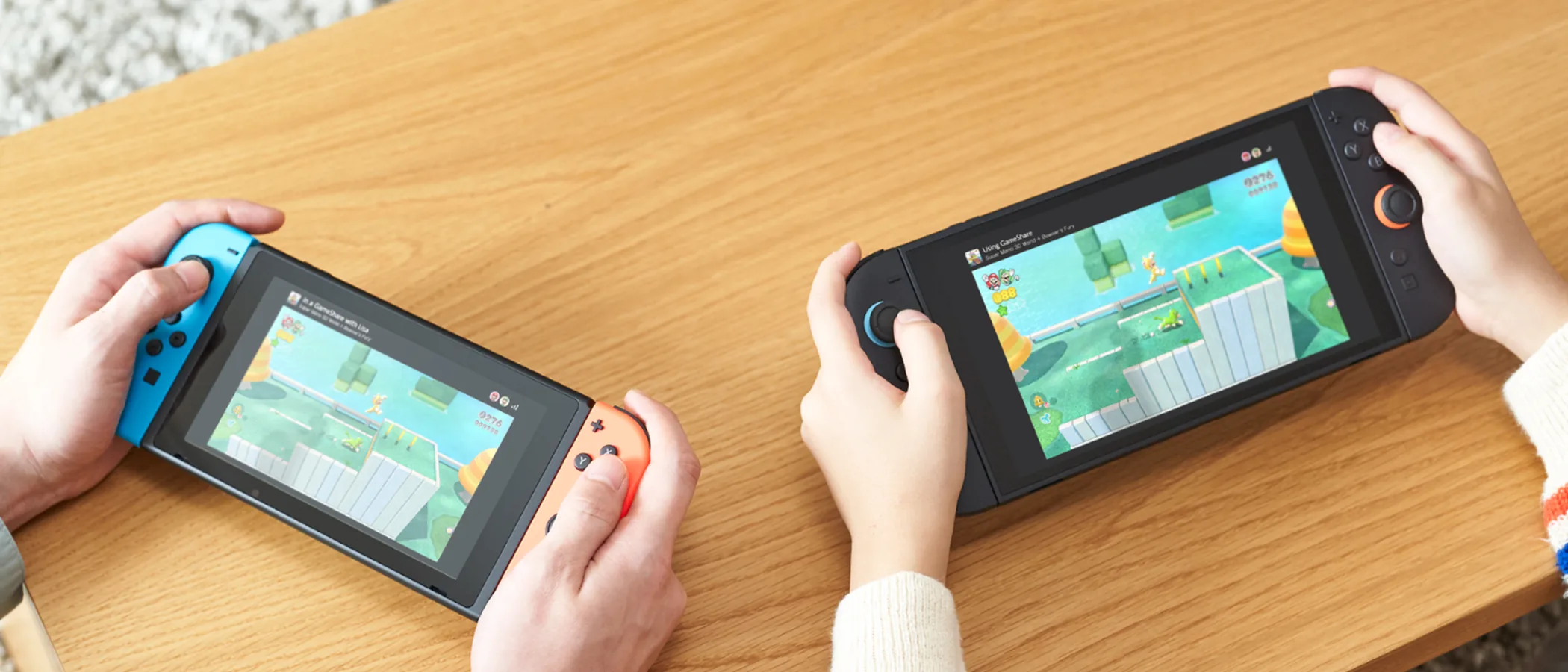 Nintendo Switch 2 GameShare artwork showing several players enjoying a shared multiplayer game on separate screens.