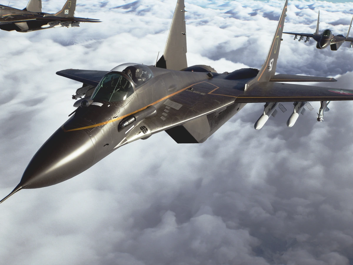 A fighter aircraft flies above clouds with other aircraft in Ace Combat 8.