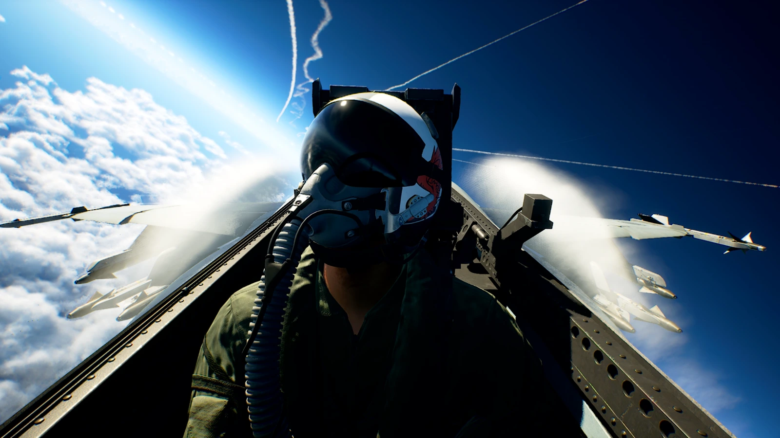 An Ace Combat 8 pilot sits in a cockpit beneath a blue sky.