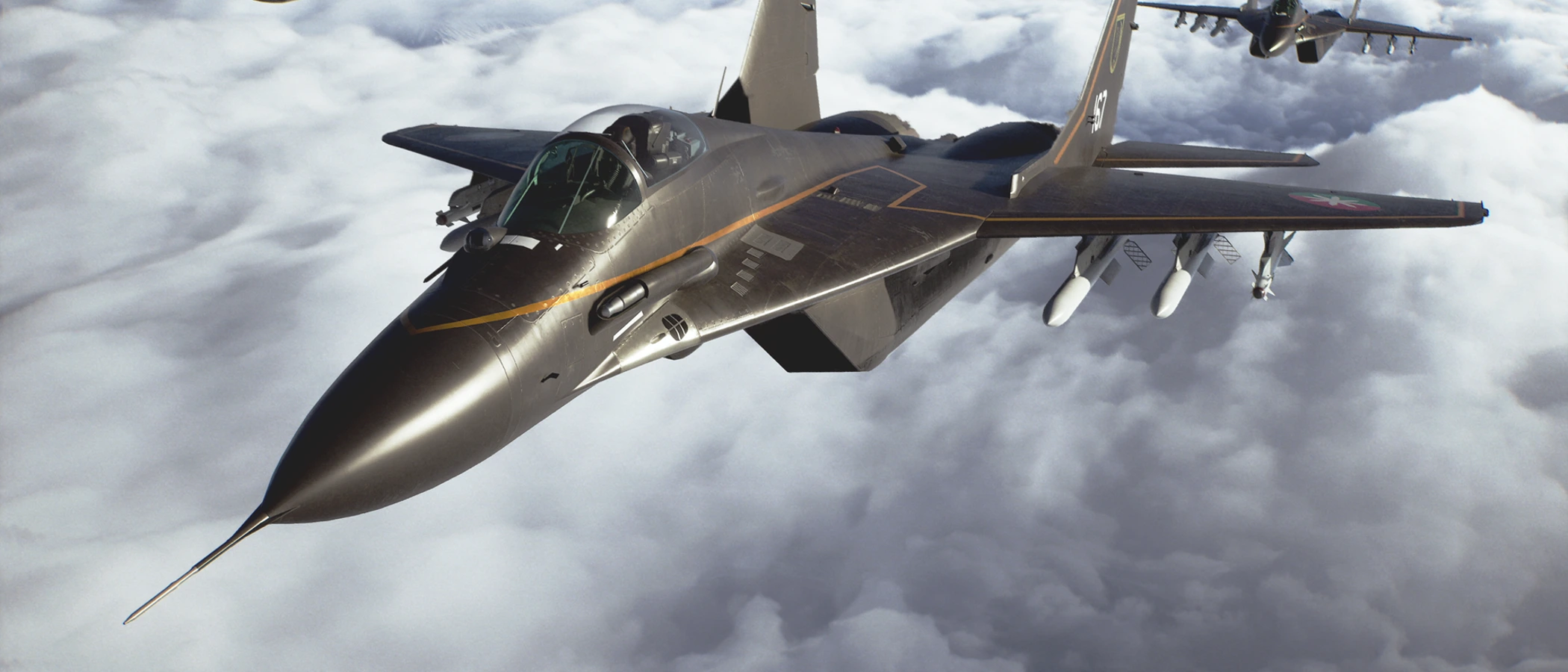 A fighter aircraft flies above clouds with other aircraft in Ace Combat 8.