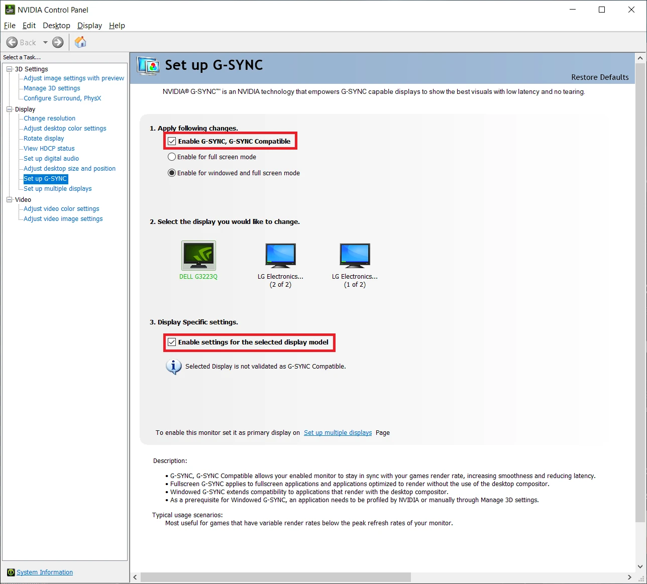NVIDIA Control Panel G-Sync page with the main and display-specific enable checkboxes highlighted.