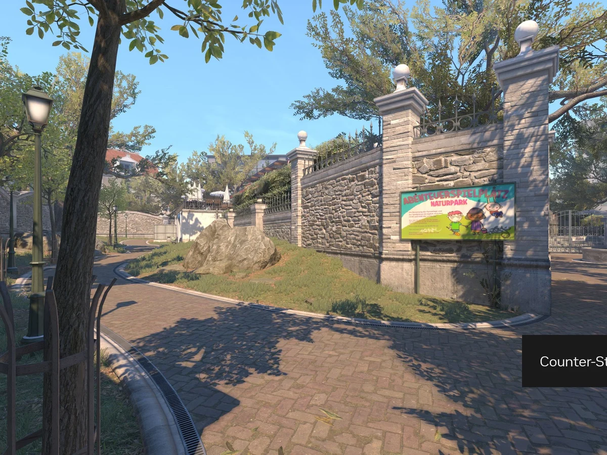 Counter-Strike 2 Overpass courtyard in an official NVIDIA comparison image.