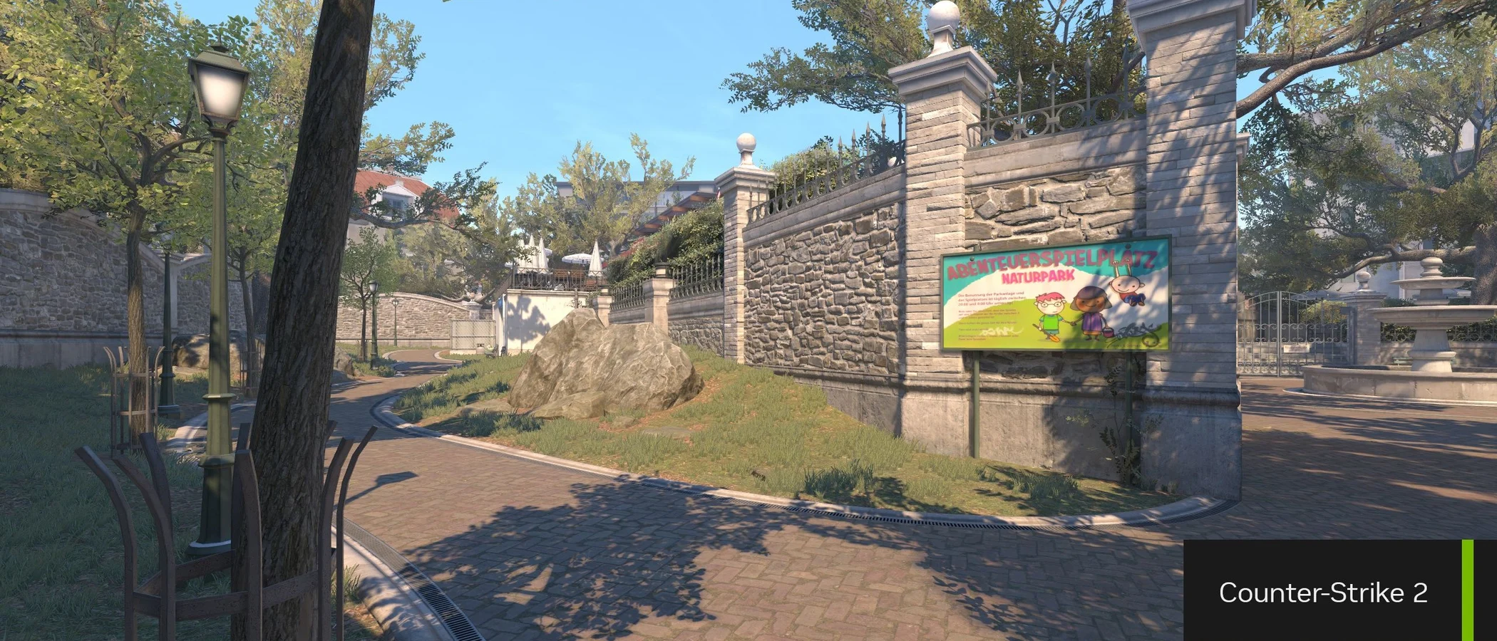 Counter-Strike 2 Overpass courtyard in an official NVIDIA comparison image.