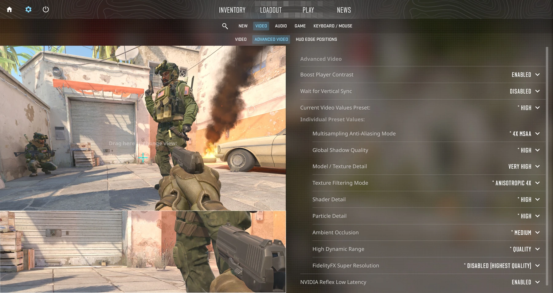 Official Counter-Strike 2 Advanced Video screenshot showing NVIDIA Reflex Low Latency enabled.