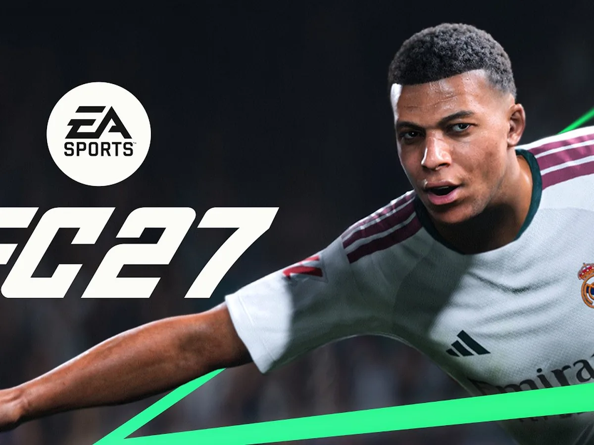 Kylian Mbappe appears beside the EA SPORTS FC 27 logo in official reveal-trailer art.