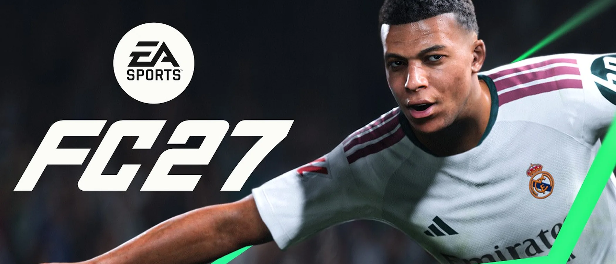 Kylian Mbappe appears beside the EA SPORTS FC 27 logo in official reveal-trailer art.