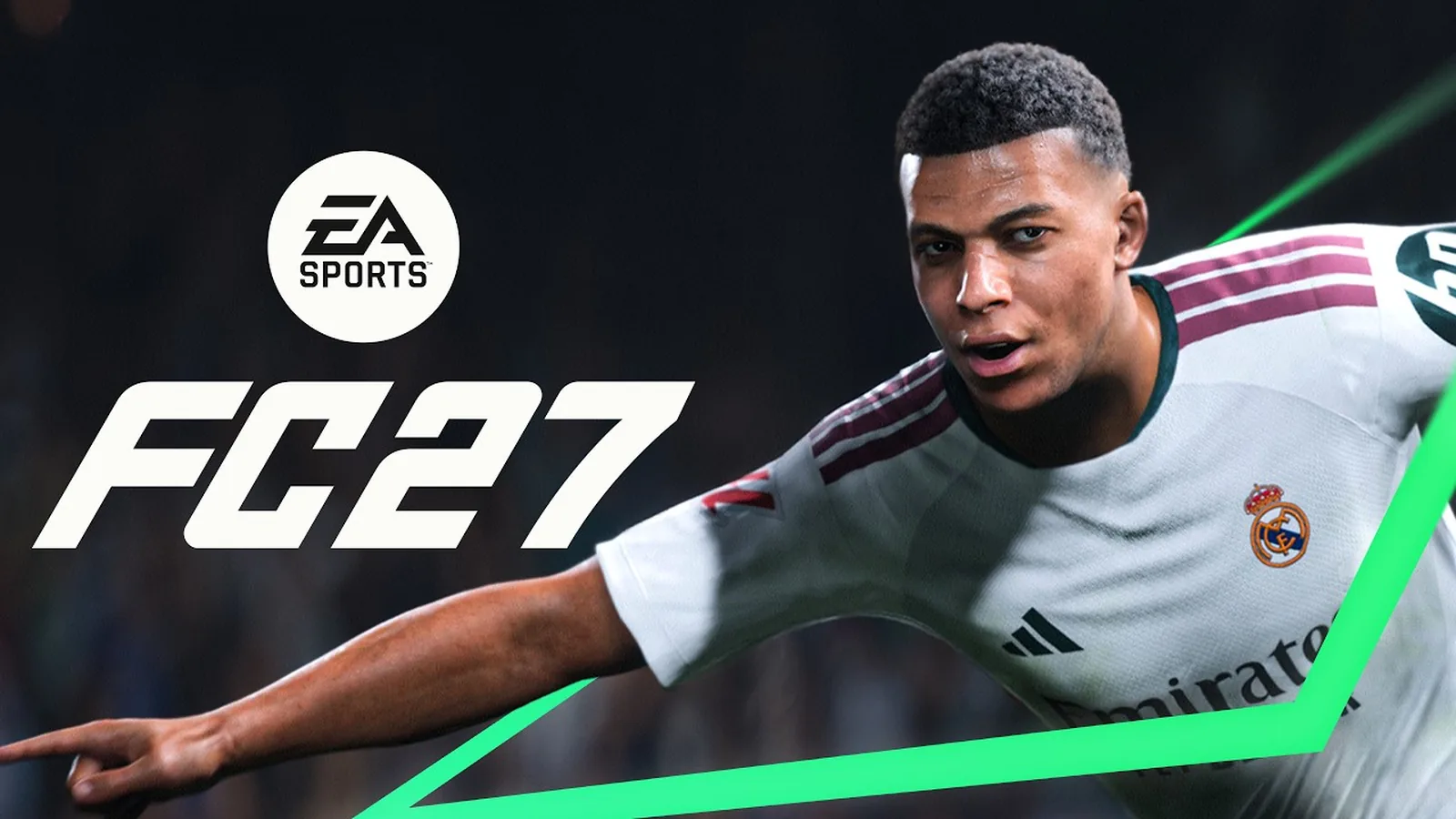 Kylian Mbappe appears beside the EA SPORTS FC 27 logo in official reveal-trailer art.