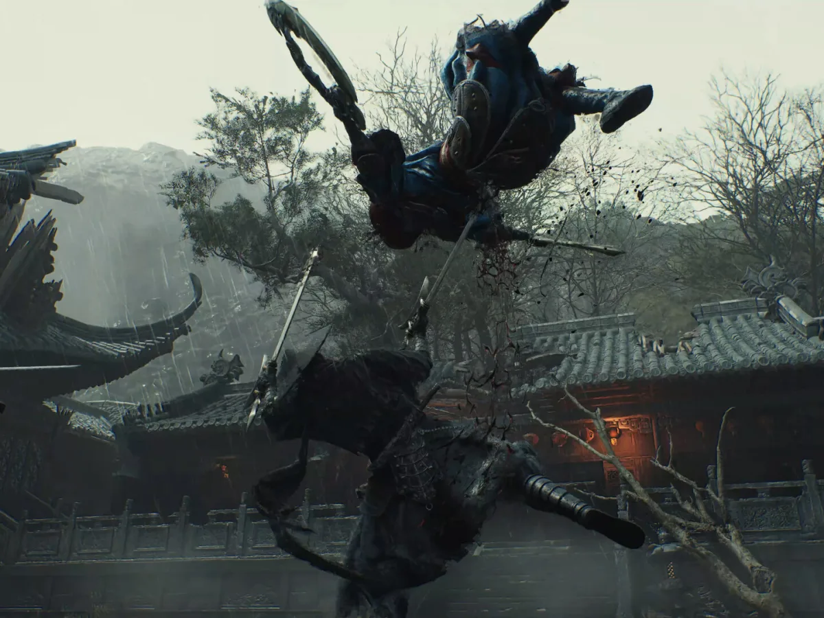 Soul fights armoured enemies in a rain-soaked village, launching one opponent into the air.