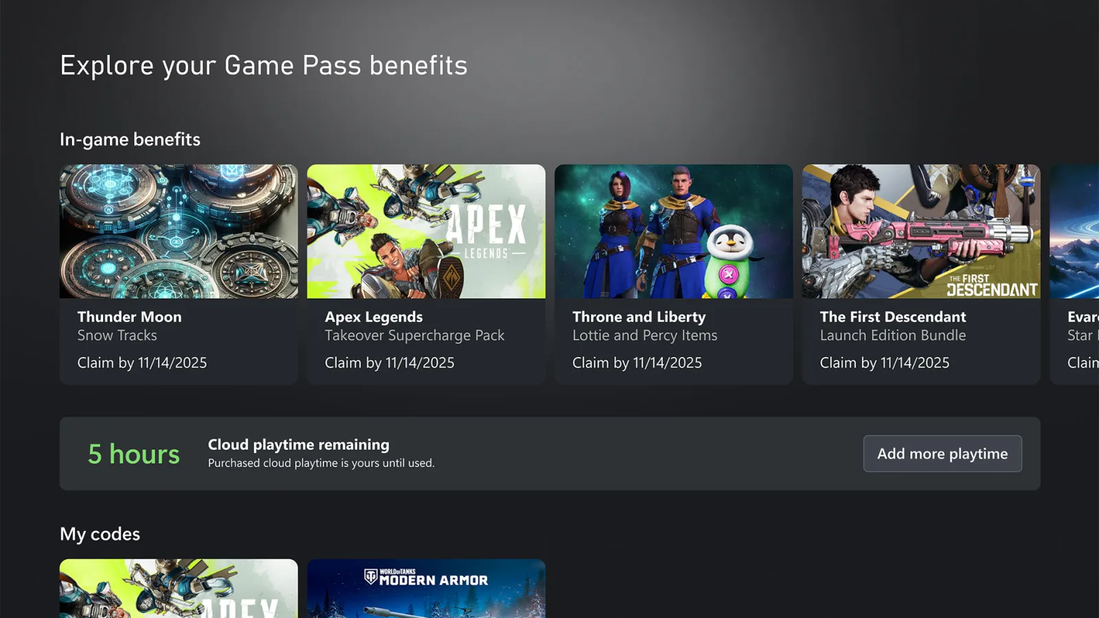 Xbox interface mock-up showing a five-hour cloud playtime balance and an Add more playtime button.