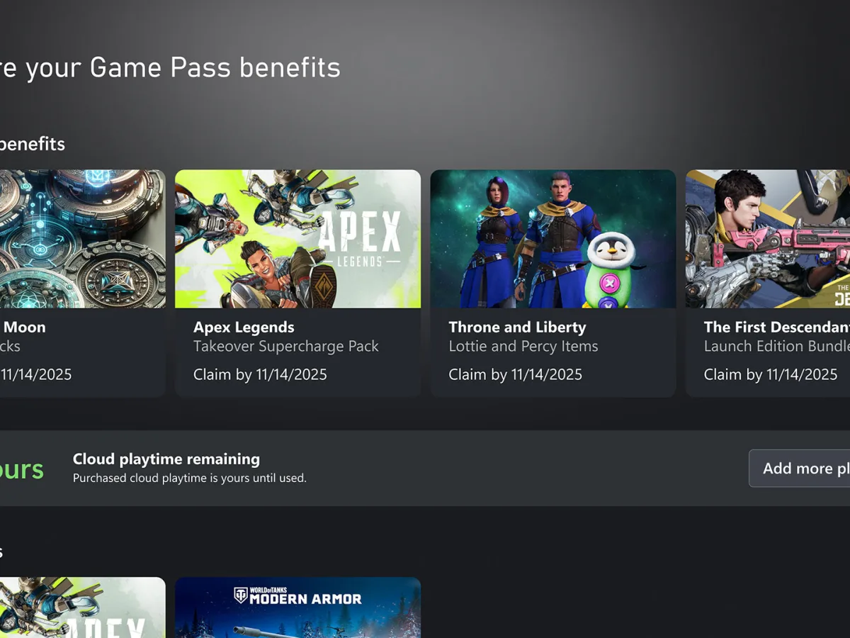 Xbox interface showing five hours of cloud playtime remaining and an option to add more playtime.