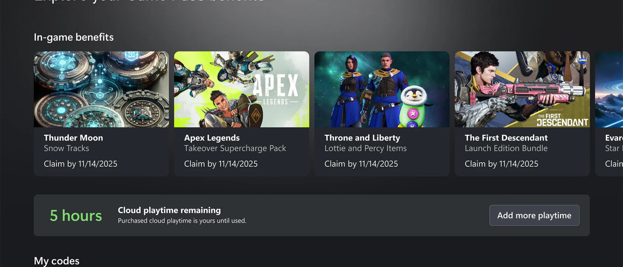 Xbox interface showing five hours of cloud playtime remaining and an option to add more playtime.