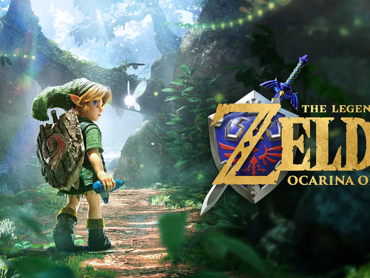 Young Link stands on a grassy hill above Hyrule in The Legend of Zelda: Ocarina of Time.