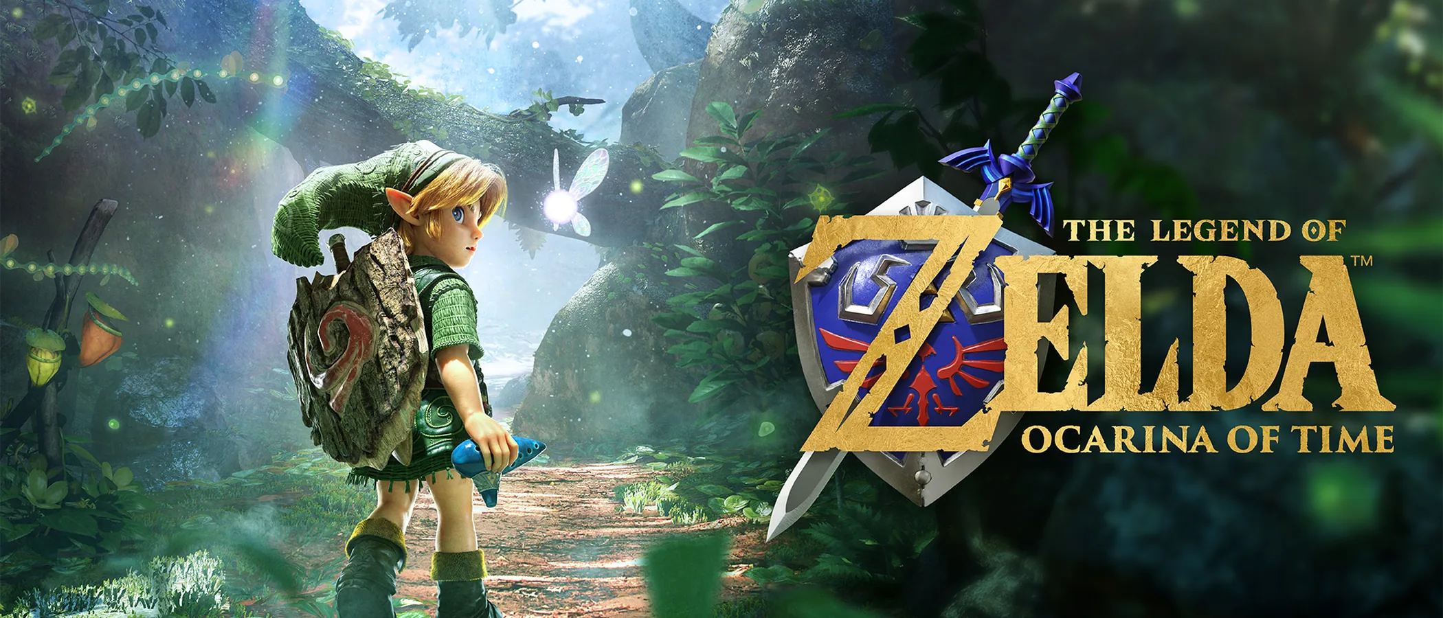Young Link stands on a grassy hill above Hyrule in The Legend of Zelda: Ocarina of Time.