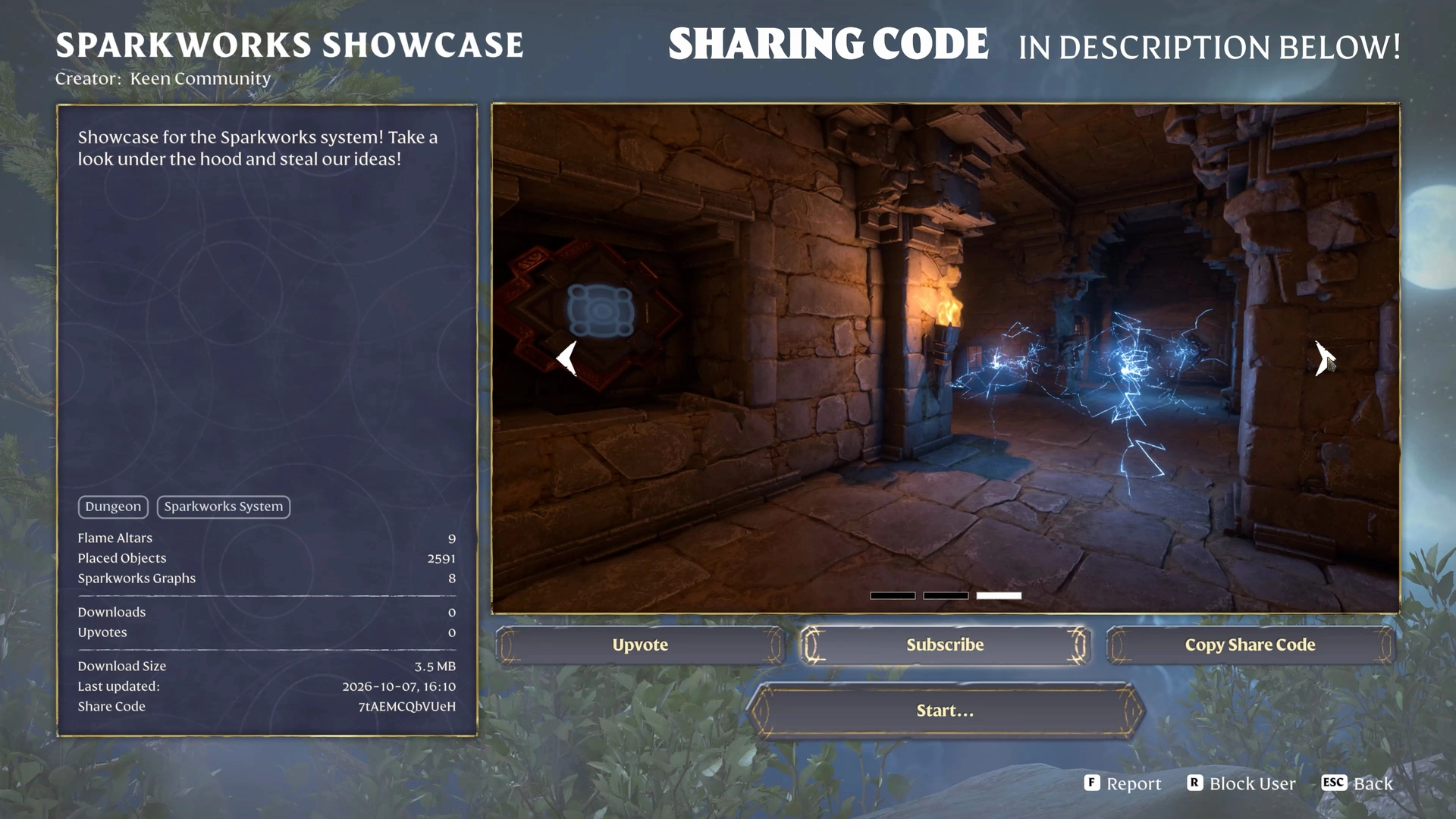 An Adventure Sharing page with dungeon screenshots, tags and Subscribe and Copy Share Code buttons.