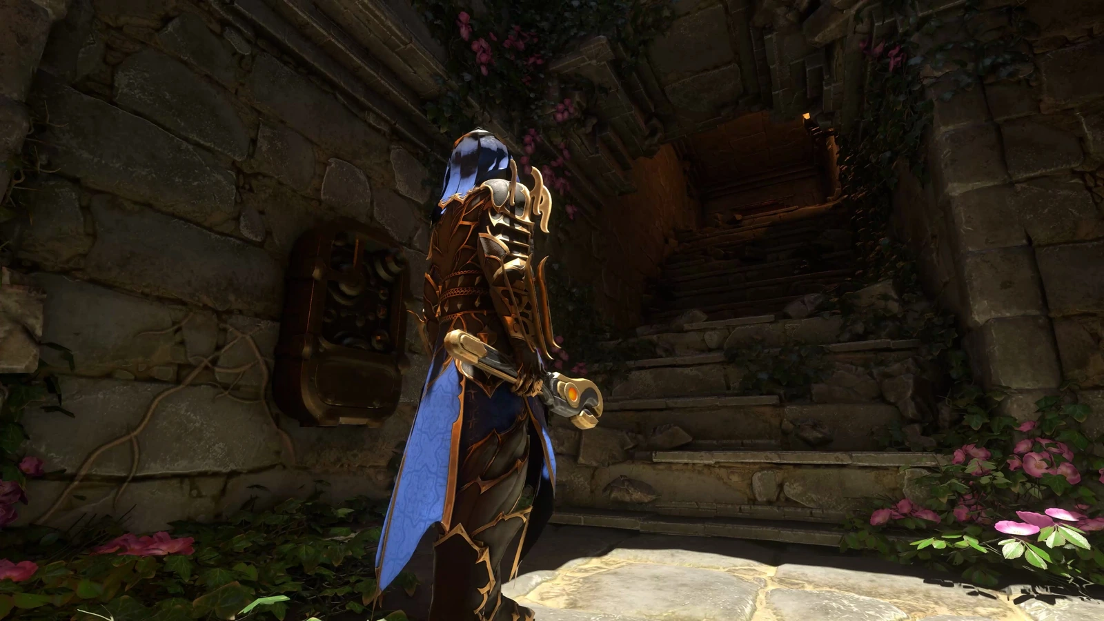 An armoured character holding a tool beside a wall-mounted mechanism and stone stairs in an Enshrouded dungeon.