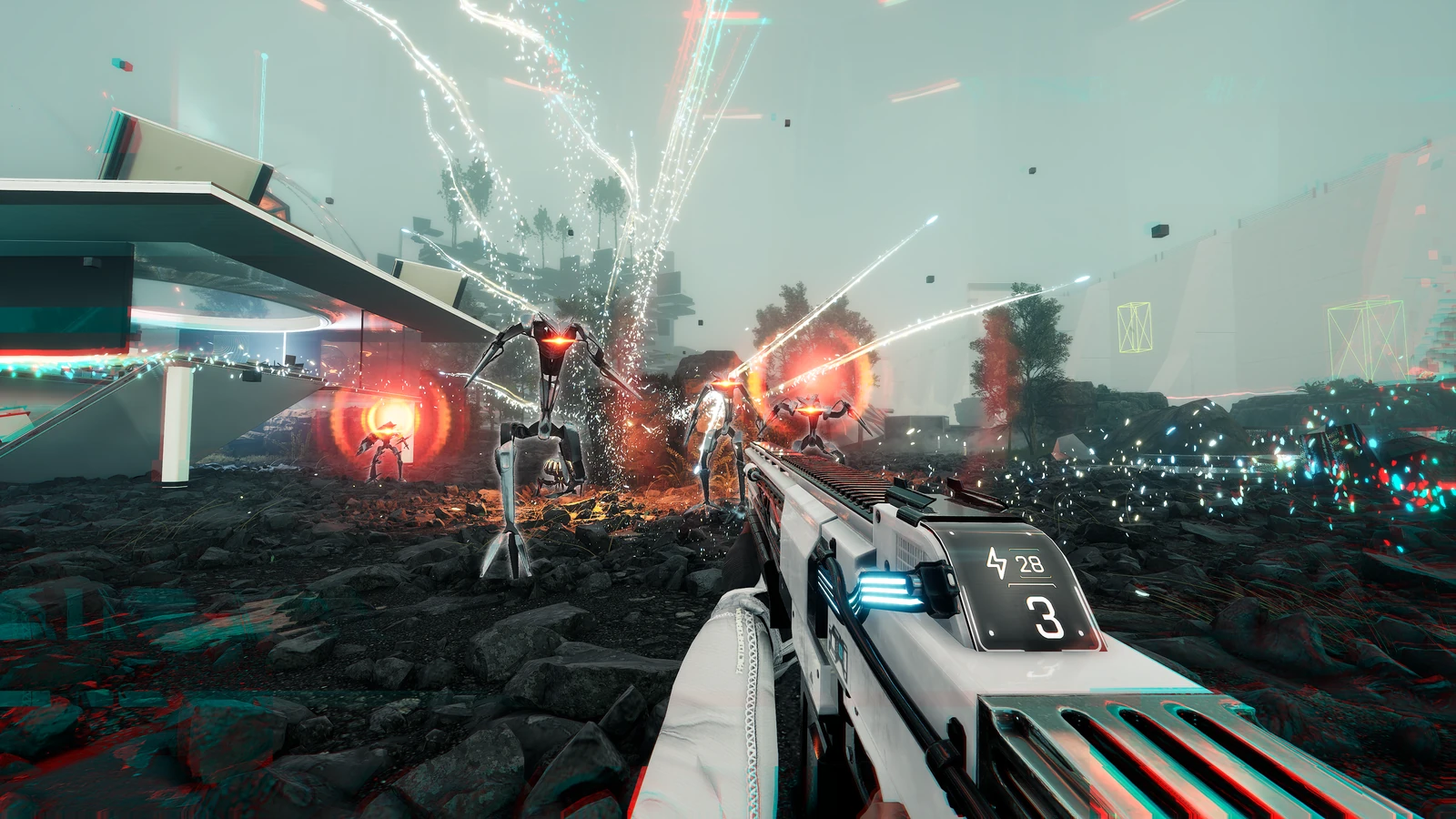 An electrical shotgun faces several red-eyed machines beneath trails of projectiles.