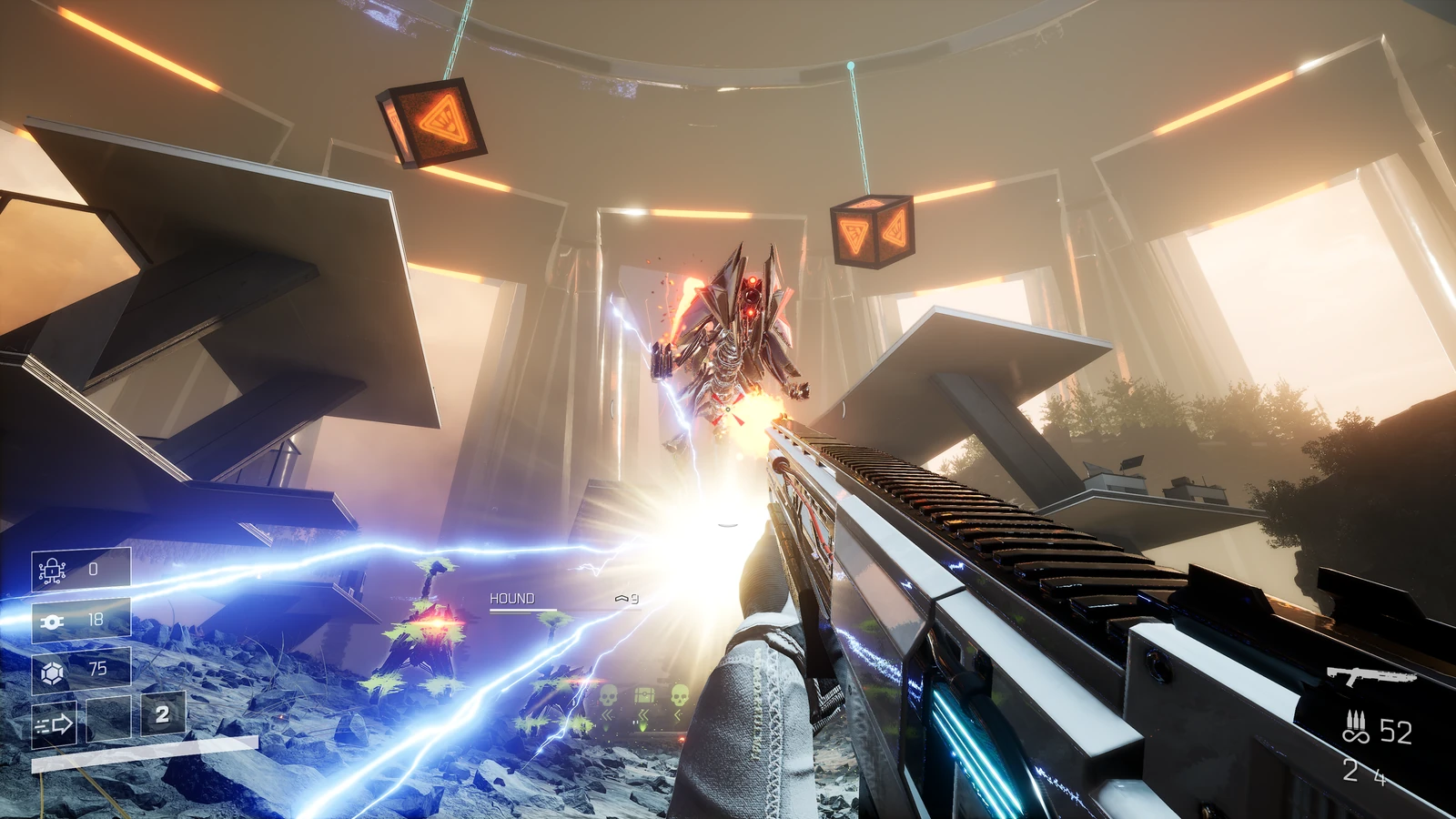 A mechanical hound leaps towards a first-person shotgun amid blue electrical effects.
