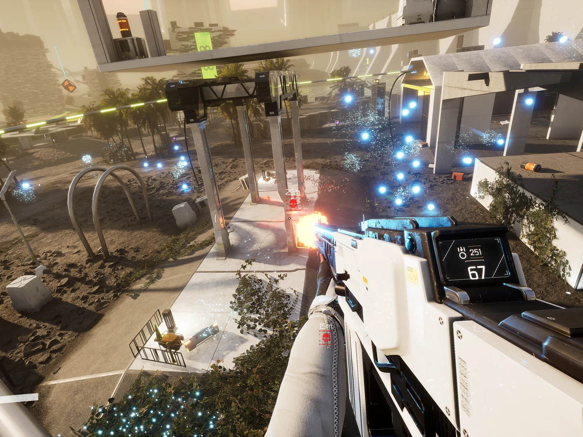 A first-person rifle fires down into a futuristic courtyard from an elevated rail.