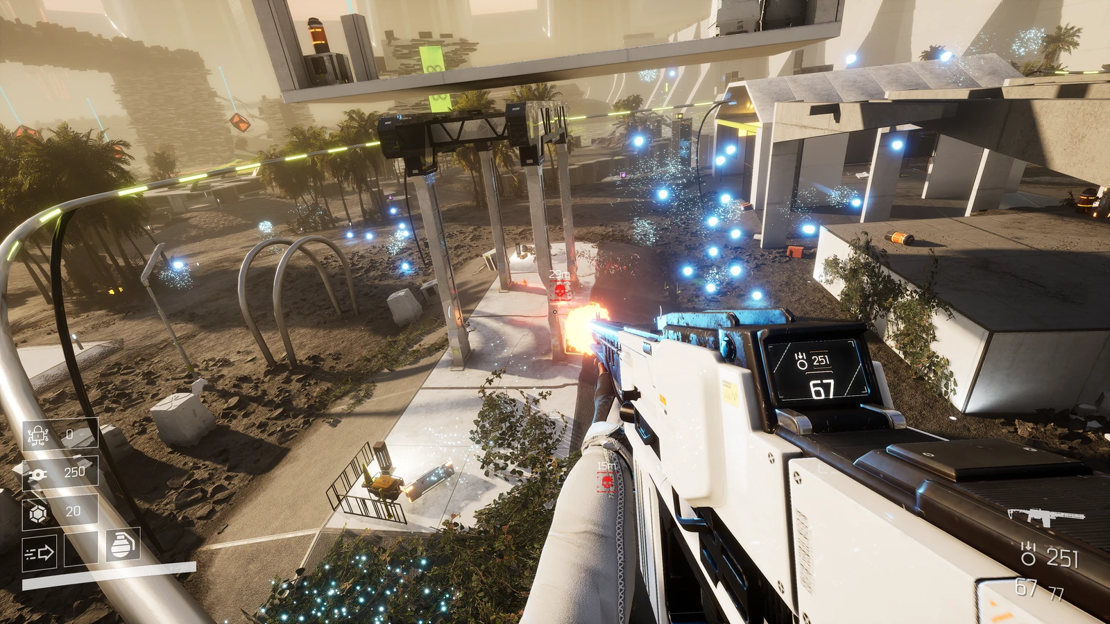 A first-person rifle fires down into a futuristic courtyard from an elevated rail.