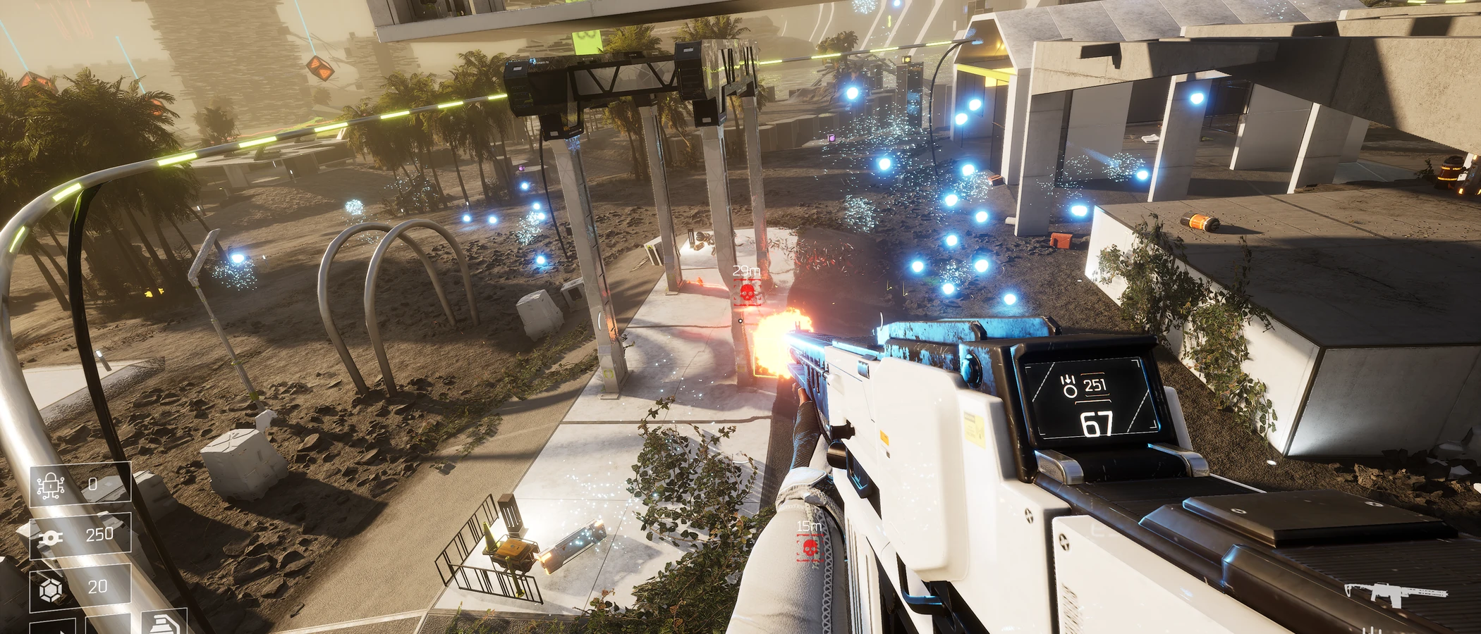 A first-person rifle fires down into a futuristic courtyard from an elevated rail.