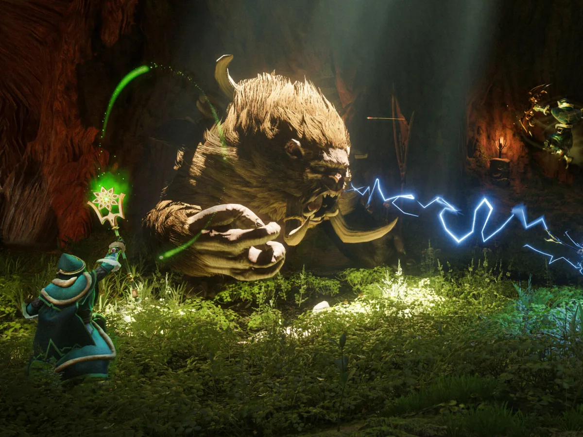 A mage and two allies attack a huge tusked beast with green and blue magic in Enshrouded.