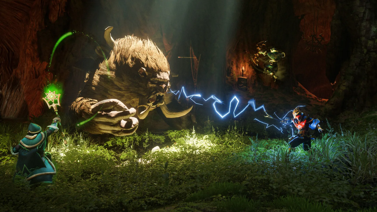 A mage and two allies attack a huge tusked beast with green and blue magic in Enshrouded.