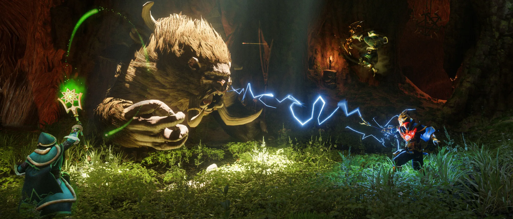 A mage and two allies attack a huge tusked beast with green and blue magic in Enshrouded.