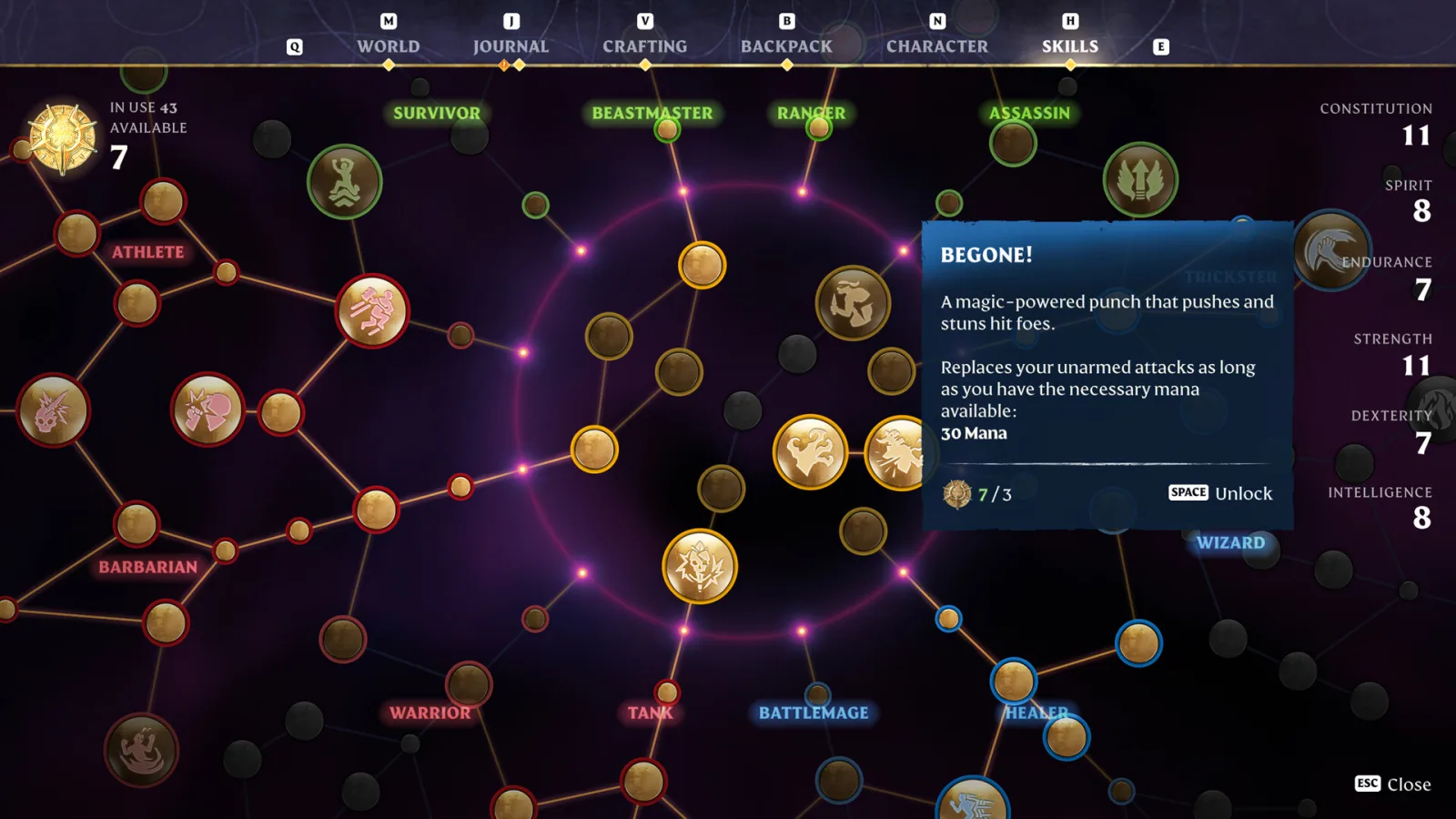Enshrouded's circular skill tree shows branches for Wizard, Battlemage, Healer and other character roles.