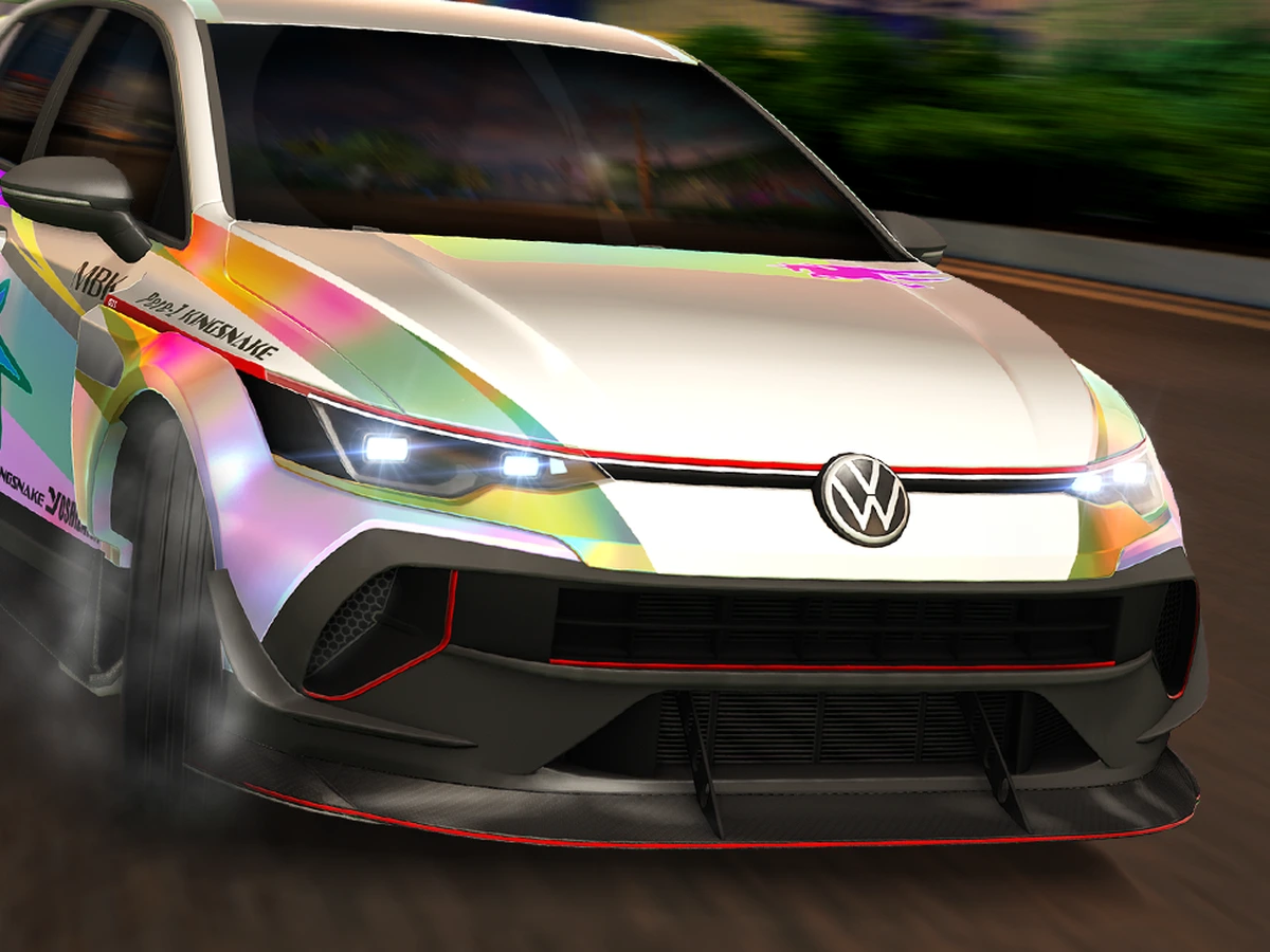 A colourful Rocket League car driving through a city arena in Season 24 artwork